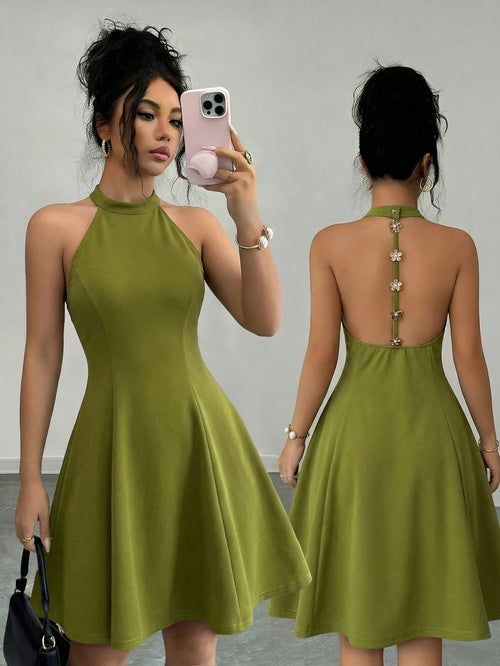 Elenzga Women's Elegant Vacation & Commute Halter Backless Solid Color A-Line Dress, Suitable For Spring And Summer