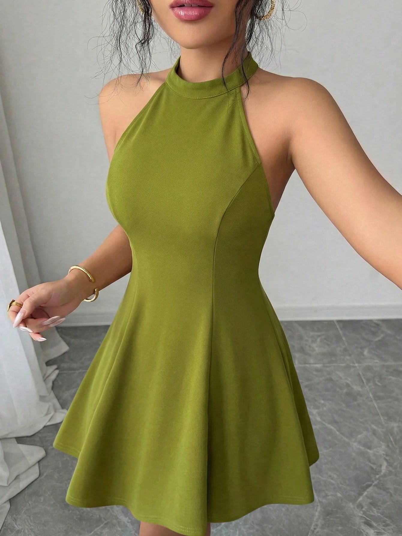 Elenzga Women's Elegant Vacation & Commute Halter Backless Solid Color A-Line Dress, Suitable For Spring And Summer