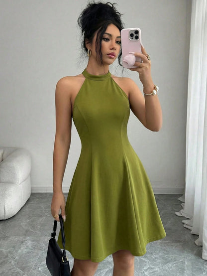 Elenzga Women's Elegant Vacation & Commute Halter Backless Solid Color A-Line Dress, Suitable For Spring And Summer