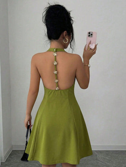 Elenzga Women's Elegant Vacation & Commute Halter Backless Solid Color A-Line Dress, Suitable For Spring And Summer