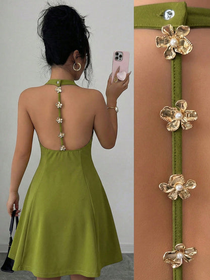 Elenzga Women's Elegant Vacation & Commute Halter Backless Solid Color A-Line Dress, Suitable For Spring And Summer