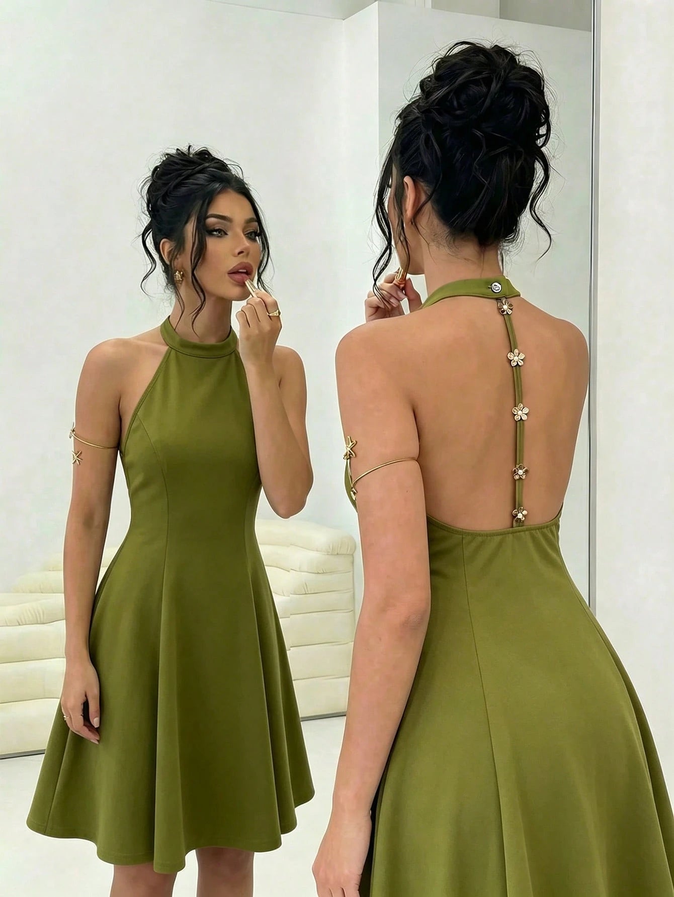 Elenzga Women's Elegant Vacation & Commute Halter Backless Solid Color A-Line Dress, Suitable For Spring And Summer