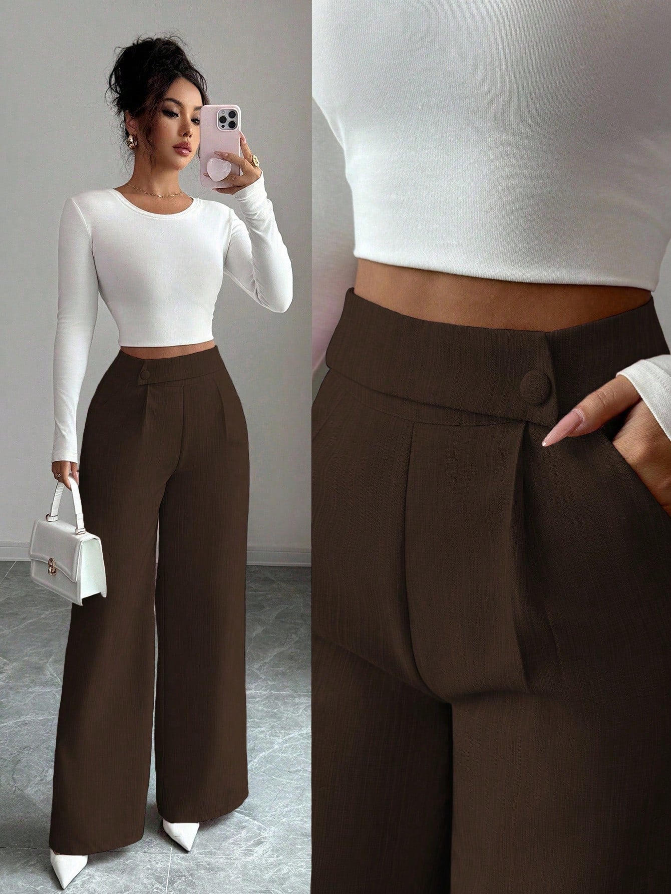Elenzga Women's Espresso Brown Bamboo Fabric Loose Flowy Straight Leg Pants,Winter Elegant Office Professional Casual Teacher Uniform Buckle Overlay Design