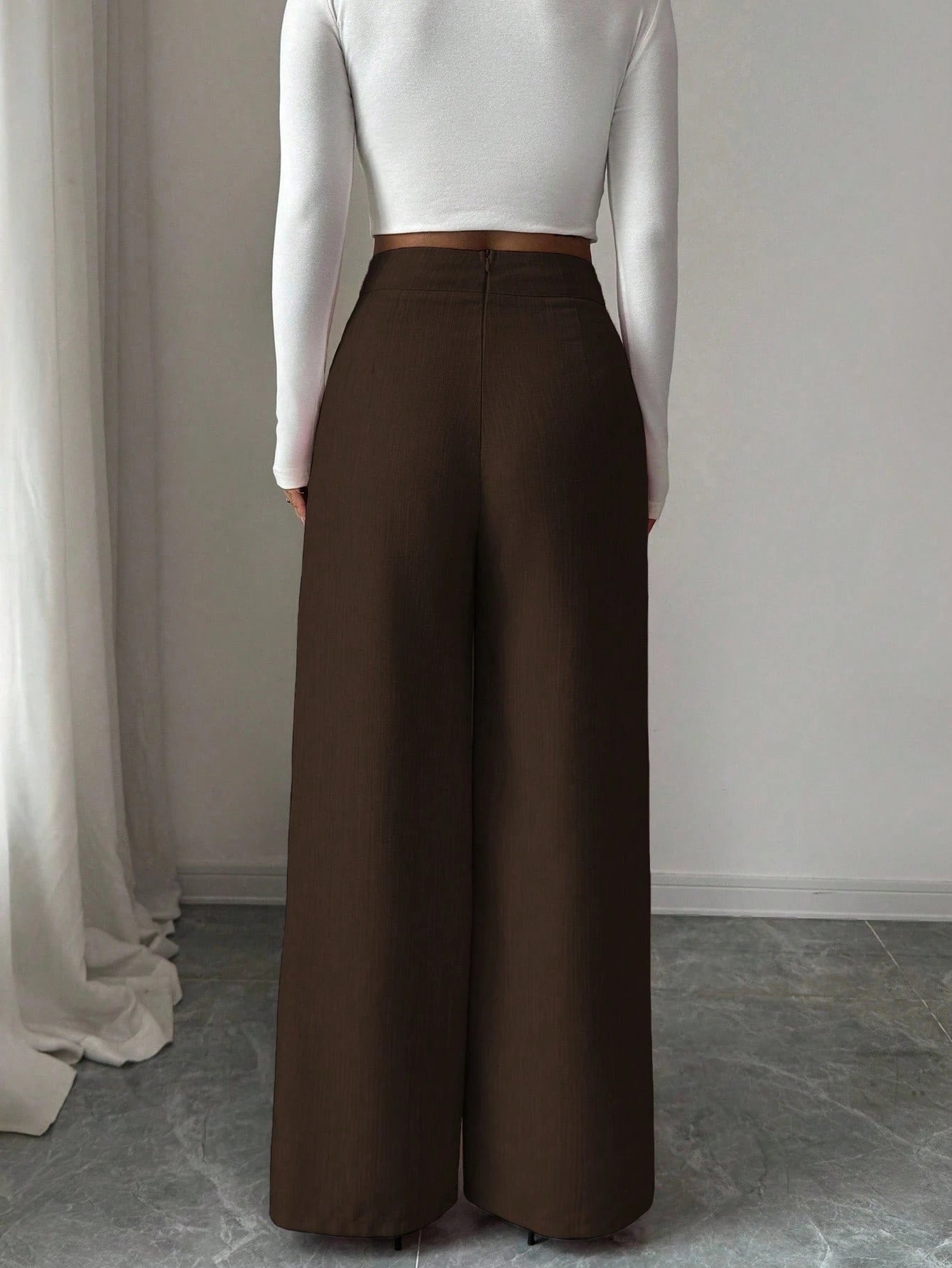 Elenzga Women's Espresso Brown Bamboo Fabric Loose Flowy Straight Leg Pants,Winter Elegant Office Professional Casual Teacher Uniform Buckle Overlay Design