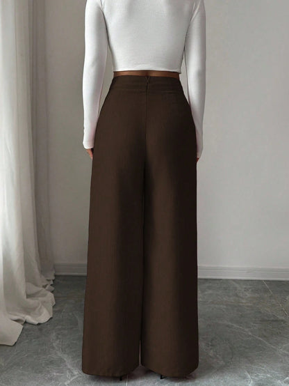 Elenzga Women's Espresso Brown Bamboo Fabric Loose Flowy Straight Leg Pants,Winter Elegant Office Professional Casual Teacher Uniform Buckle Overlay Design