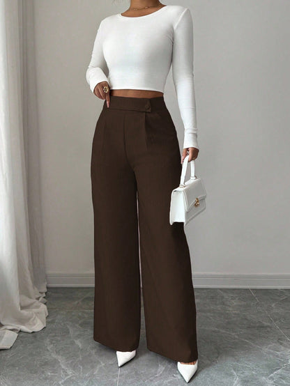 Elenzga Women's Espresso Brown Bamboo Fabric Loose Flowy Straight Leg Pants,Winter Elegant Office Professional Casual Teacher Uniform Buckle Overlay Design