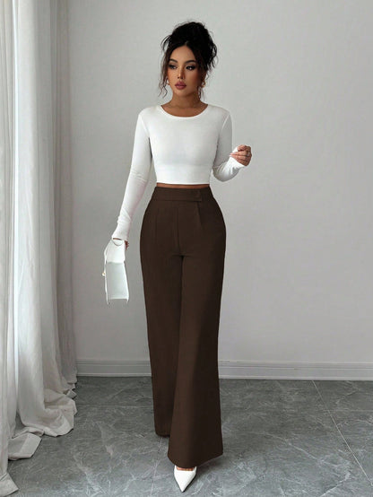 Elenzga Women's Espresso Brown Bamboo Fabric Loose Flowy Straight Leg Pants,Winter Elegant Office Professional Casual Teacher Uniform Buckle Overlay Design