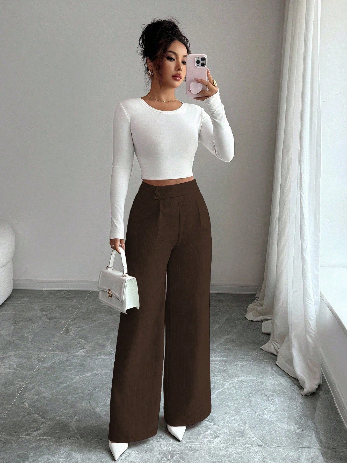 Elenzga Women's Espresso Brown Bamboo Fabric Loose Flowy Straight Leg Pants,Winter Elegant Office Professional Casual Teacher Uniform Buckle Overlay Design