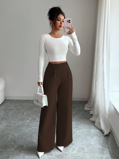 Elenzga Women's Espresso Brown Bamboo Fabric Loose Flowy Straight Leg Pants,Winter Elegant Office Professional Casual Teacher Uniform Buckle Overlay Design
