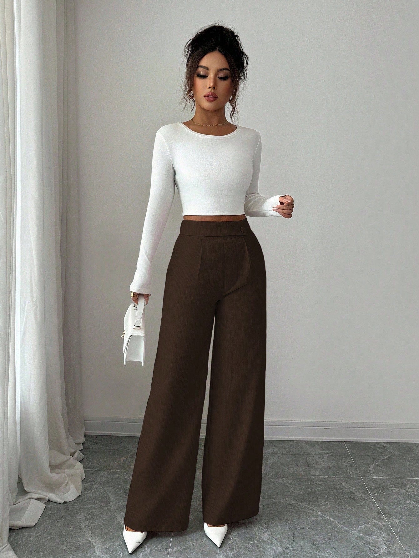 Elenzga Women's Espresso Brown Bamboo Fabric Loose Flowy Straight Leg Pants,Winter Elegant Office Professional Casual Teacher Uniform Buckle Overlay Design