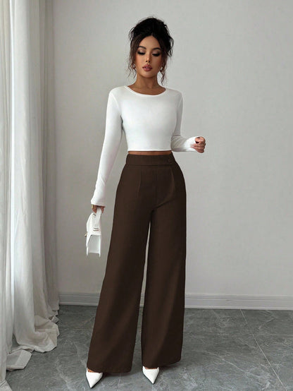 Elenzga Women's Espresso Brown Bamboo Fabric Loose Flowy Straight Leg Pants,Winter Elegant Office Professional Casual Teacher Uniform Buckle Overlay Design