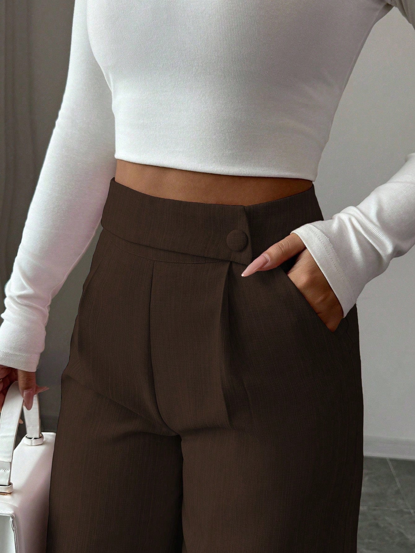 Elenzga Women's Espresso Brown Bamboo Fabric Loose Flowy Straight Leg Pants,Winter Elegant Office Professional Casual Teacher Uniform Buckle Overlay Design