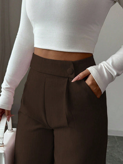 Elenzga Women's Espresso Brown Bamboo Fabric Loose Flowy Straight Leg Pants,Winter Elegant Office Professional Casual Teacher Uniform Buckle Overlay Design