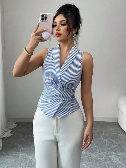 Elenzga Women's Sleeveless V-Neck Tie Waist Bow Elegant Blouse