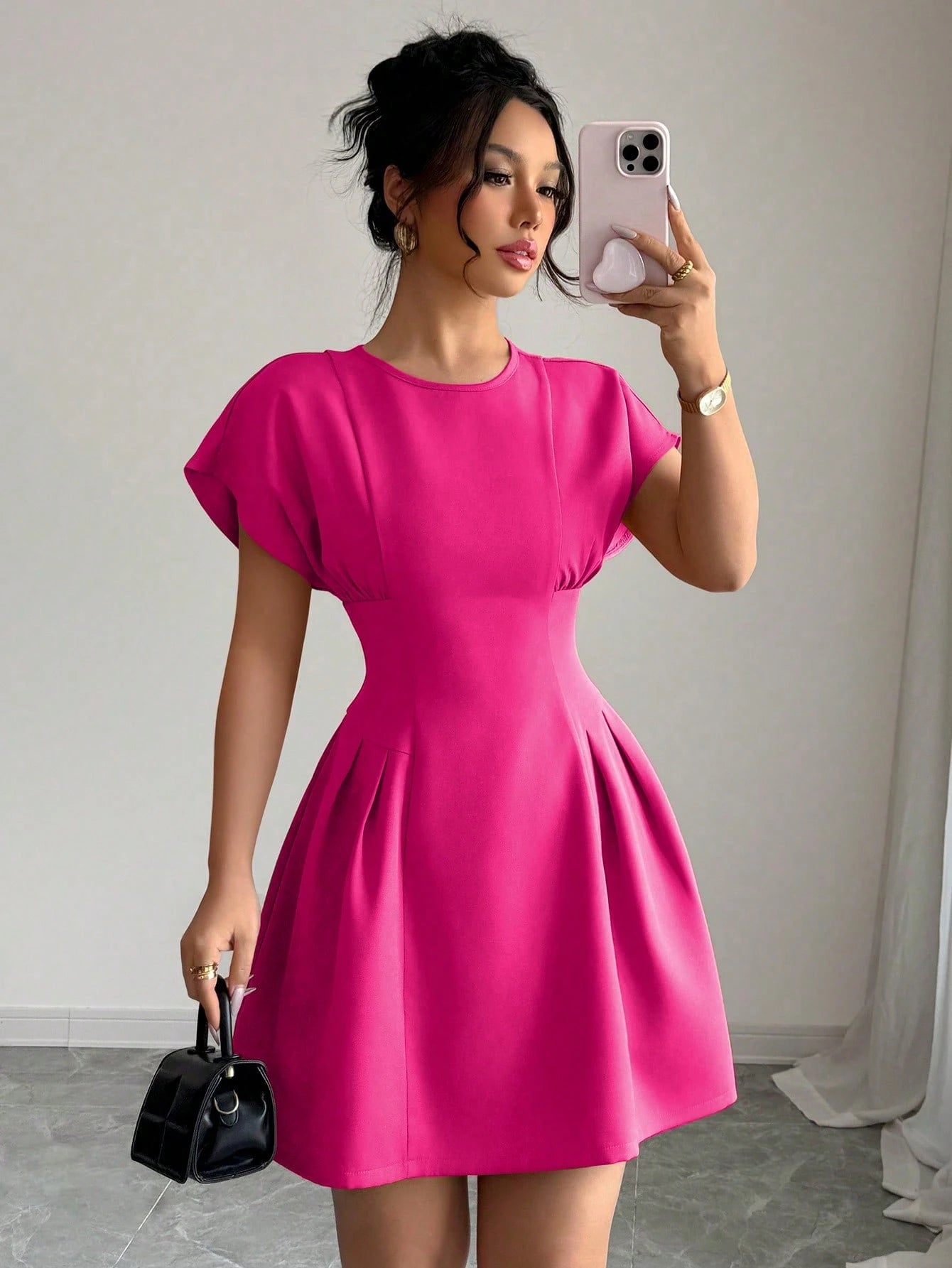 Elenzga Women Solid Color Crew Neck Elegant Summer Short Sleeve Mini Dress