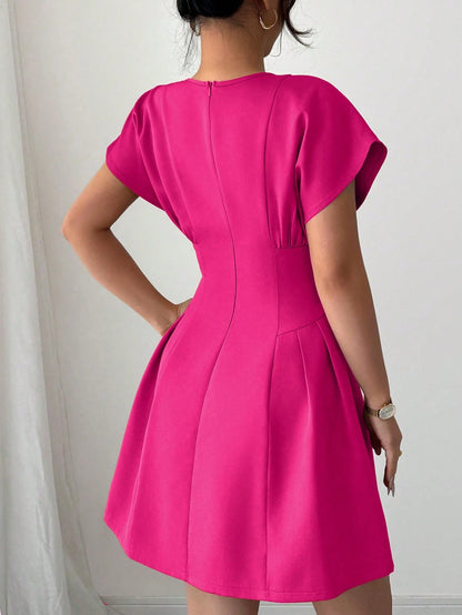 Elenzga Women Solid Color Crew Neck Elegant Summer Short Sleeve Mini Dress