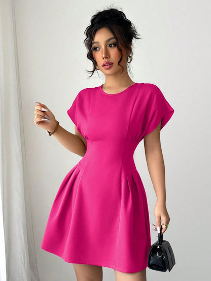 Elenzga Women Solid Color Crew Neck Elegant Summer Short Sleeve Mini Dress