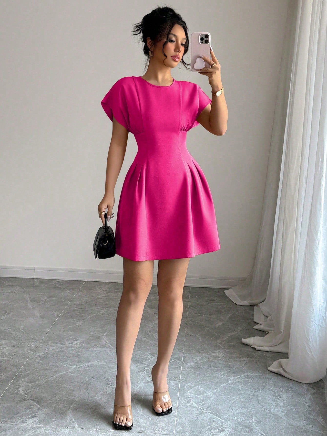 Elenzga Women Solid Color Crew Neck Elegant Summer Short Sleeve Mini Dress