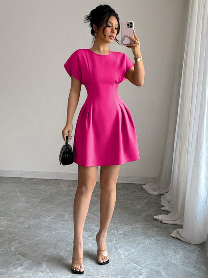 Elenzga Women Solid Color Crew Neck Elegant Summer Short Sleeve Mini Dress
