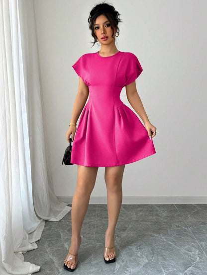Elenzga Women Solid Color Crew Neck Elegant Summer Short Sleeve Mini Dress