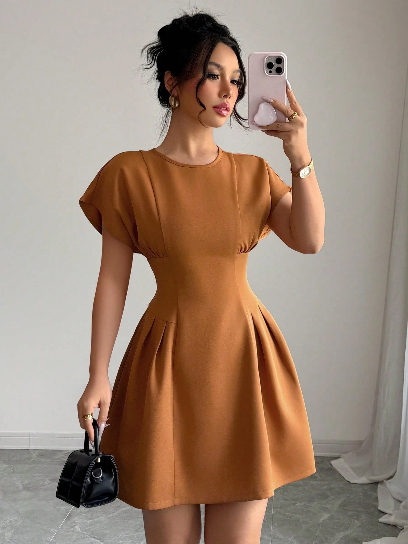 Elenzga Women Solid Color Crew Neck Elegant Summer Short Sleeve Mini Dress