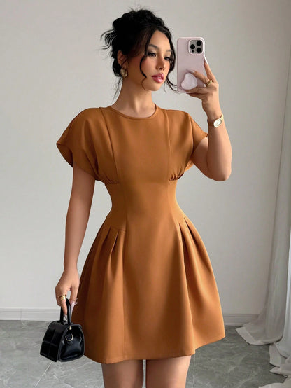 Elenzga Women Solid Color Crew Neck Elegant Summer Short Sleeve Mini Dress