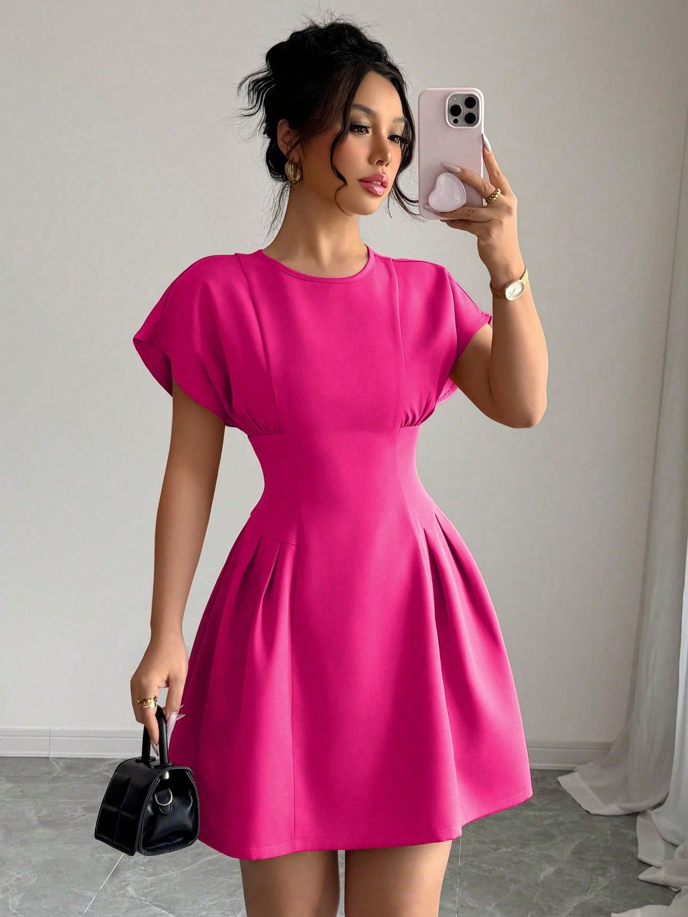Elenzga Women Solid Color Crew Neck Elegant Summer Short Sleeve Mini Dress
