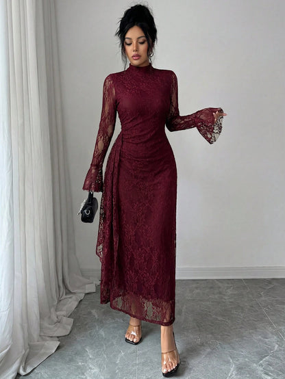 Elenzya Women's Elegant Burgundy Autumn Knitted Lace Collar Long Flare Sleeve High Waist Fitted Fishtail Hem A-Line Ruched Long Dress For Evening Party Dining