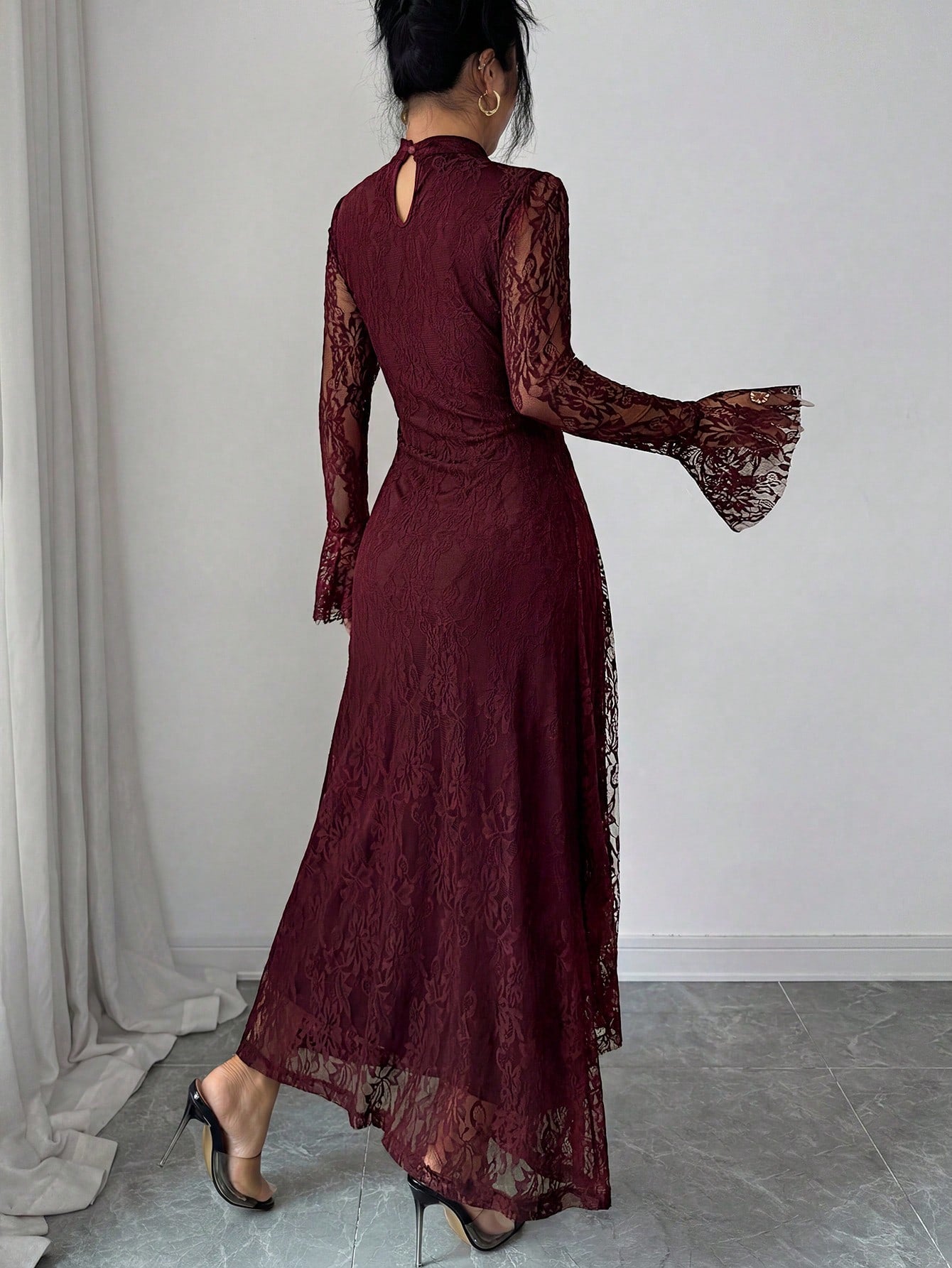 Elenzya Women's Elegant Burgundy Autumn Knitted Lace Collar Long Flare Sleeve High Waist Fitted Fishtail Hem A-Line Ruched Long Dress For Evening Party Dining