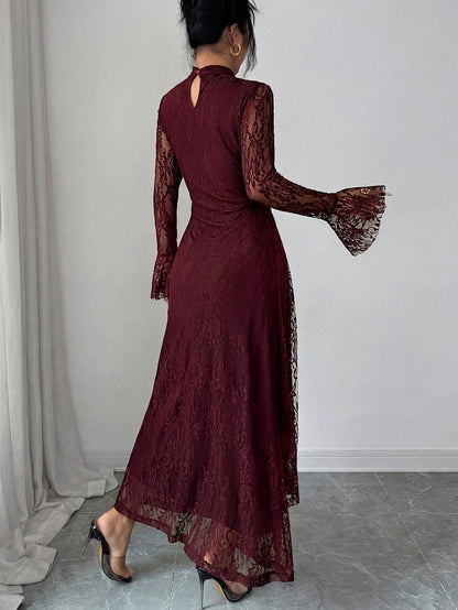 Elenzya Women's Elegant Burgundy Autumn Knitted Lace Collar Long Flare Sleeve High Waist Fitted Fishtail Hem A-Line Ruched Long Dress For Evening Party Dining