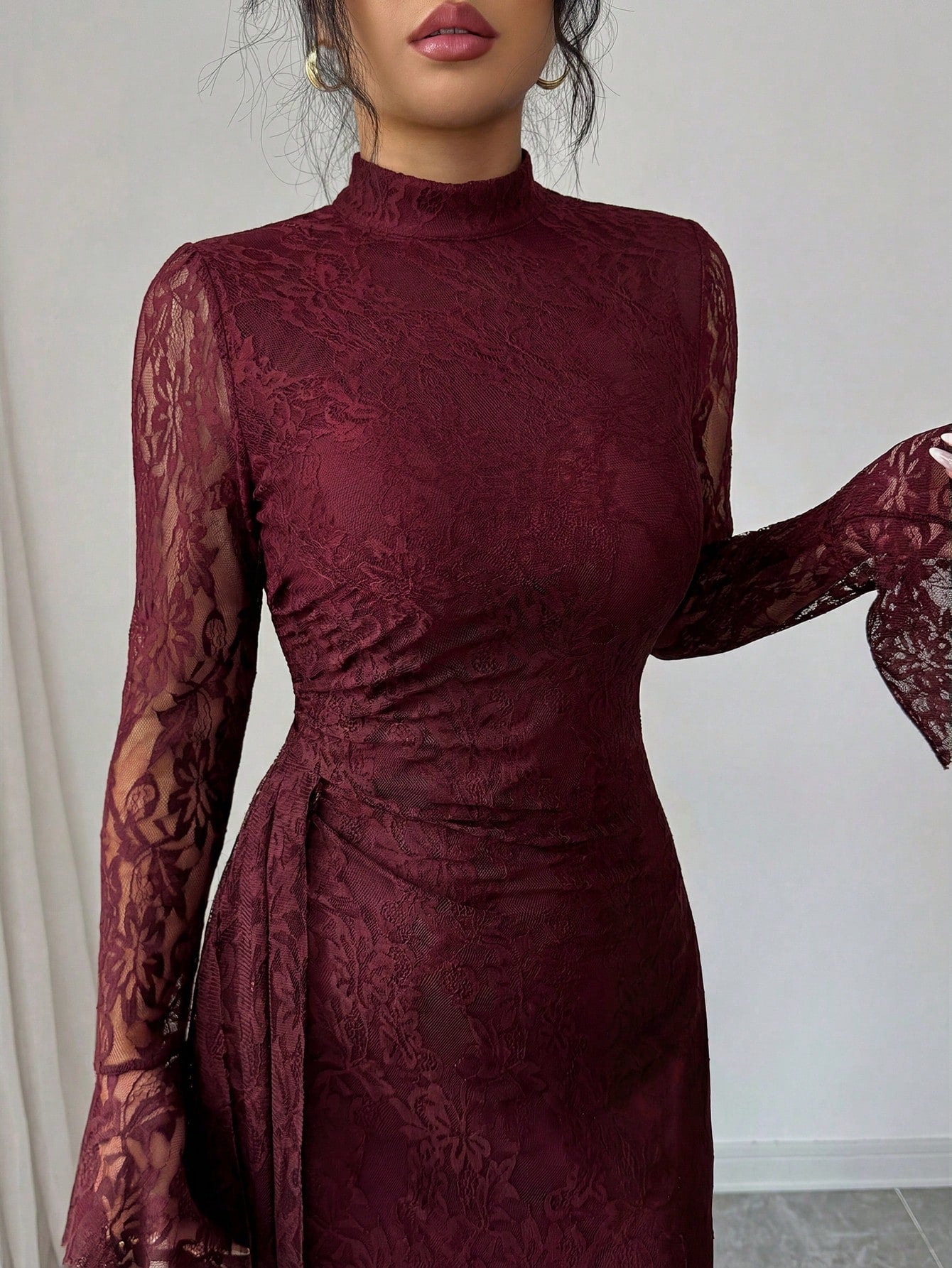 Elenzya Women's Elegant Burgundy Autumn Knitted Lace Collar Long Flare Sleeve High Waist Fitted Fishtail Hem A-Line Ruched Long Dress For Evening Party Dining