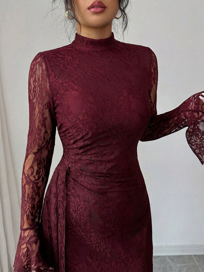 Elenzya Women's Elegant Burgundy Autumn Knitted Lace Collar Long Flare Sleeve High Waist Fitted Fishtail Hem A-Line Ruched Long Dress For Evening Party Dining
