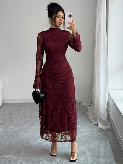 Elenzya Women's Elegant Burgundy Autumn Knitted Lace Collar Long Flare Sleeve High Waist Fitted Fishtail Hem A-Line Ruched Long Dress For Evening Party Dining