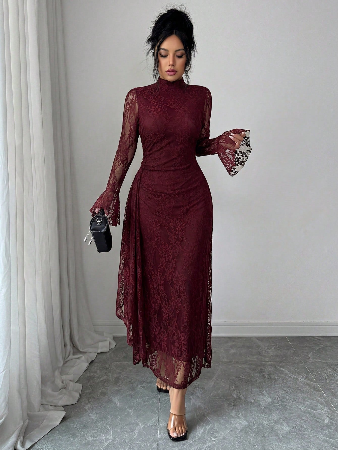 Elenzya Women's Elegant Burgundy Autumn Knitted Lace Collar Long Flare Sleeve High Waist Fitted Fishtail Hem A-Line Ruched Long Dress For Evening Party Dining