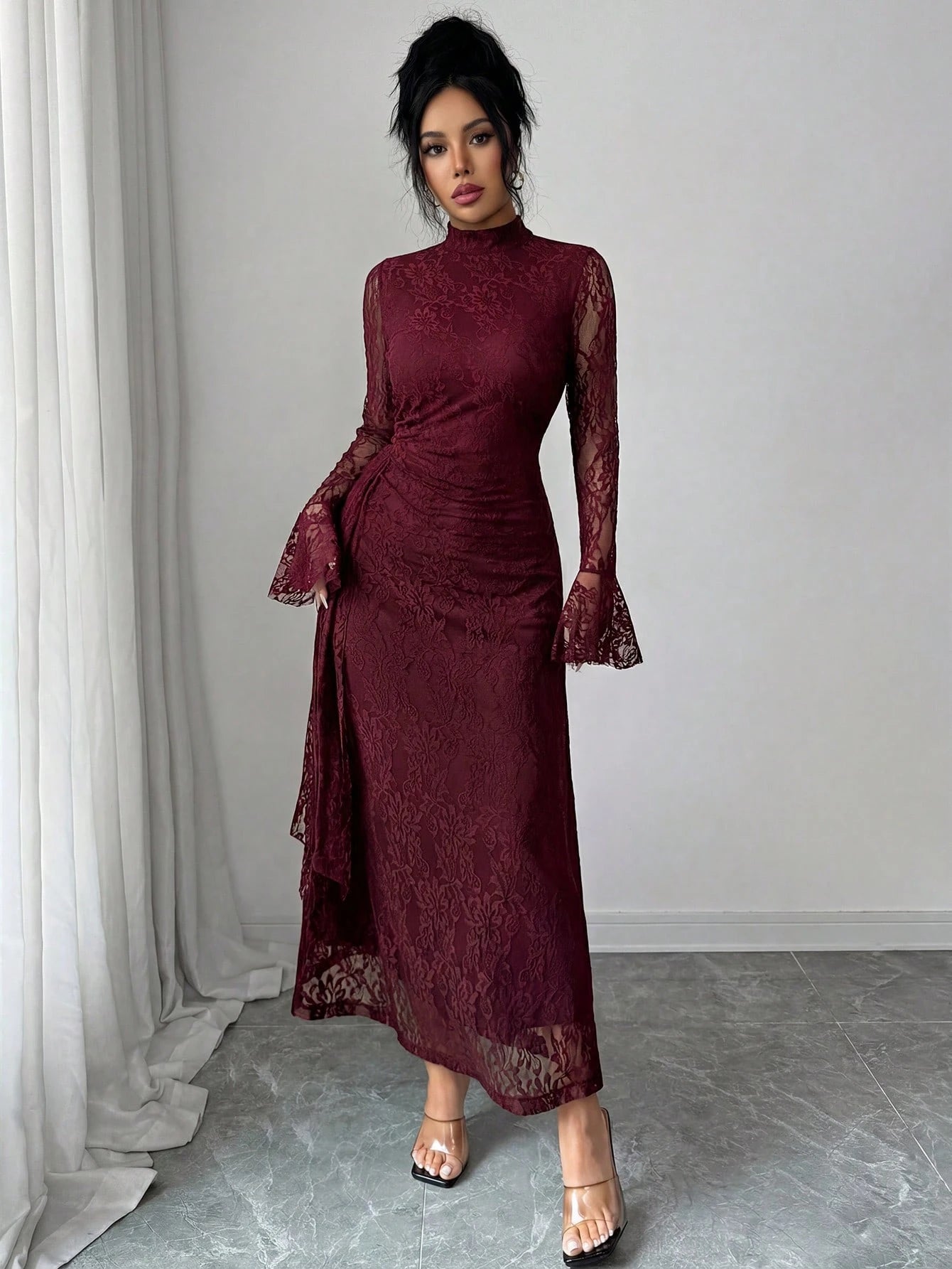 Elenzya Women's Elegant Burgundy Autumn Knitted Lace Collar Long Flare Sleeve High Waist Fitted Fishtail Hem A-Line Ruched Long Dress For Evening Party Dining