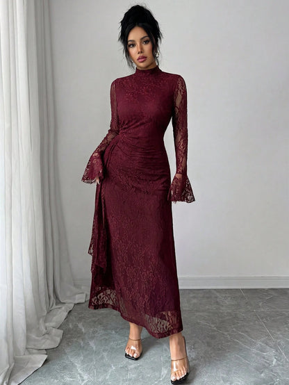 Elenzya Women's Elegant Burgundy Autumn Knitted Lace Collar Long Flare Sleeve High Waist Fitted Fishtail Hem A-Line Ruched Long Dress For Evening Party Dining