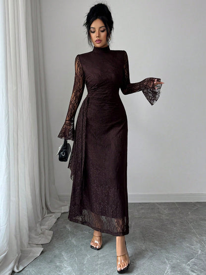 Elenzya Women's Elegant Burgundy Autumn Knitted Lace Collar Long Flare Sleeve High Waist Fitted Fishtail Hem A-Line Ruched Long Dress For Evening Party Dining