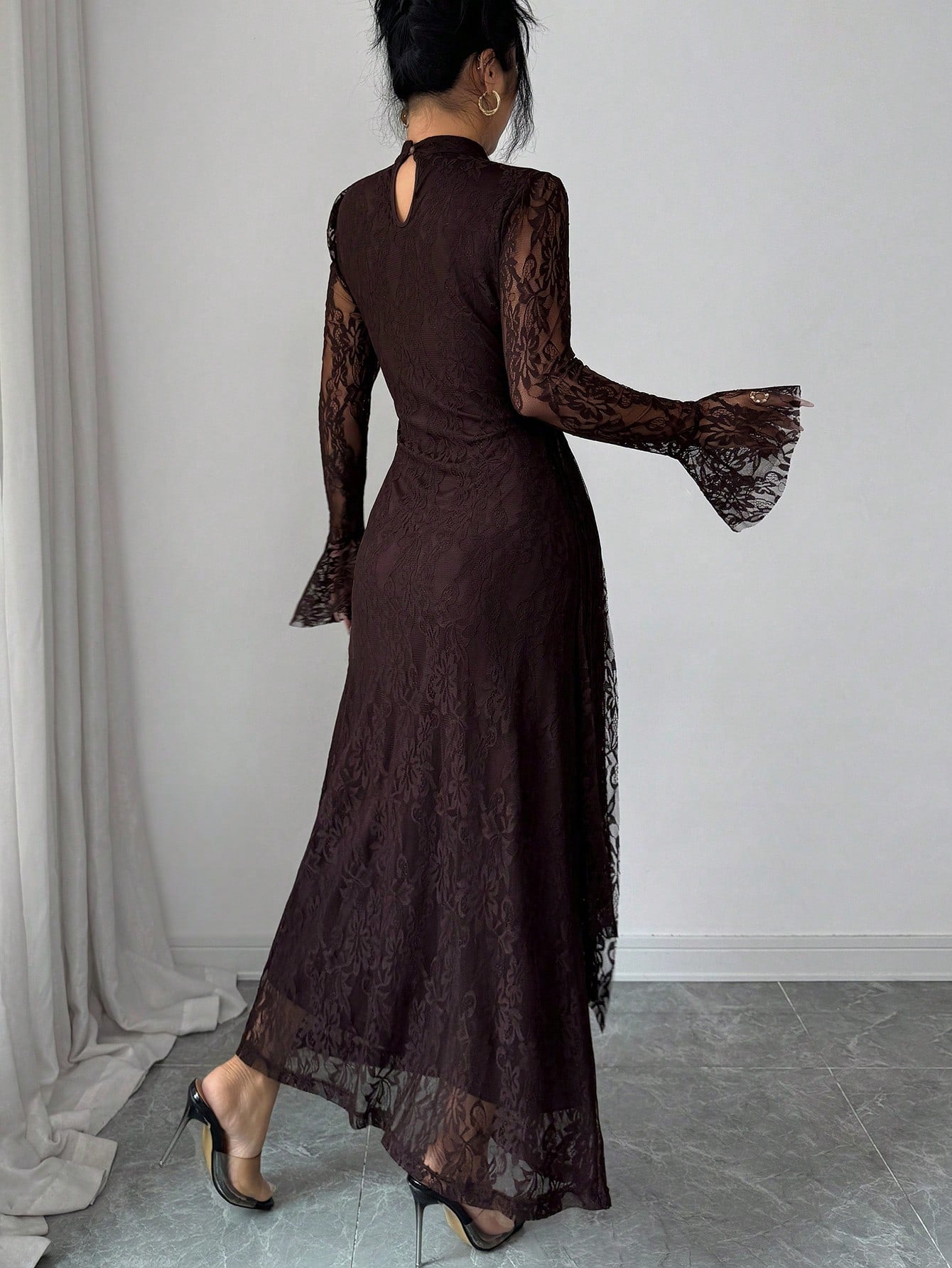 Elenzya Women's Elegant Burgundy Autumn Knitted Lace Collar Long Flare Sleeve High Waist Fitted Fishtail Hem A-Line Ruched Long Dress For Evening Party Dining