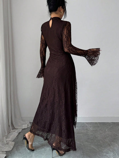 Elenzya Women's Elegant Burgundy Autumn Knitted Lace Collar Long Flare Sleeve High Waist Fitted Fishtail Hem A-Line Ruched Long Dress For Evening Party Dining