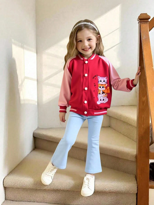 Elladie kids Young Girl Baseball Bomber Jacket Open Front Long Sleeve Cute Cartoon Cat Pattern Casual Sports Tops, Suitable For Holiday, Travel, Outing, Spring And Autumn