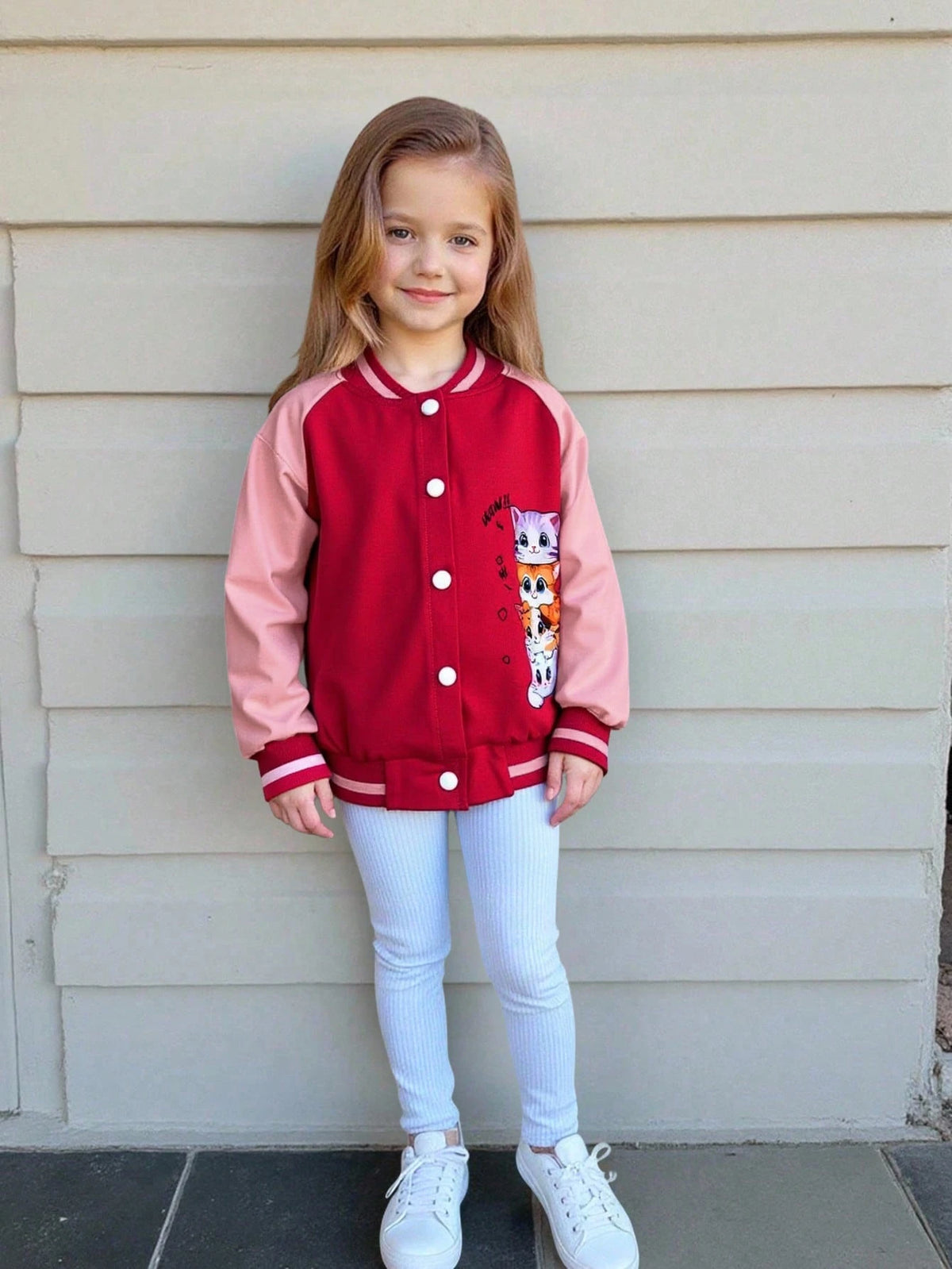 Elladie kids Young Girl Baseball Bomber Jacket Open Front Long Sleeve Cute Cartoon Cat Pattern Casual Sports Tops, Suitable For Holiday, Travel, Outing, Spring And Autumn