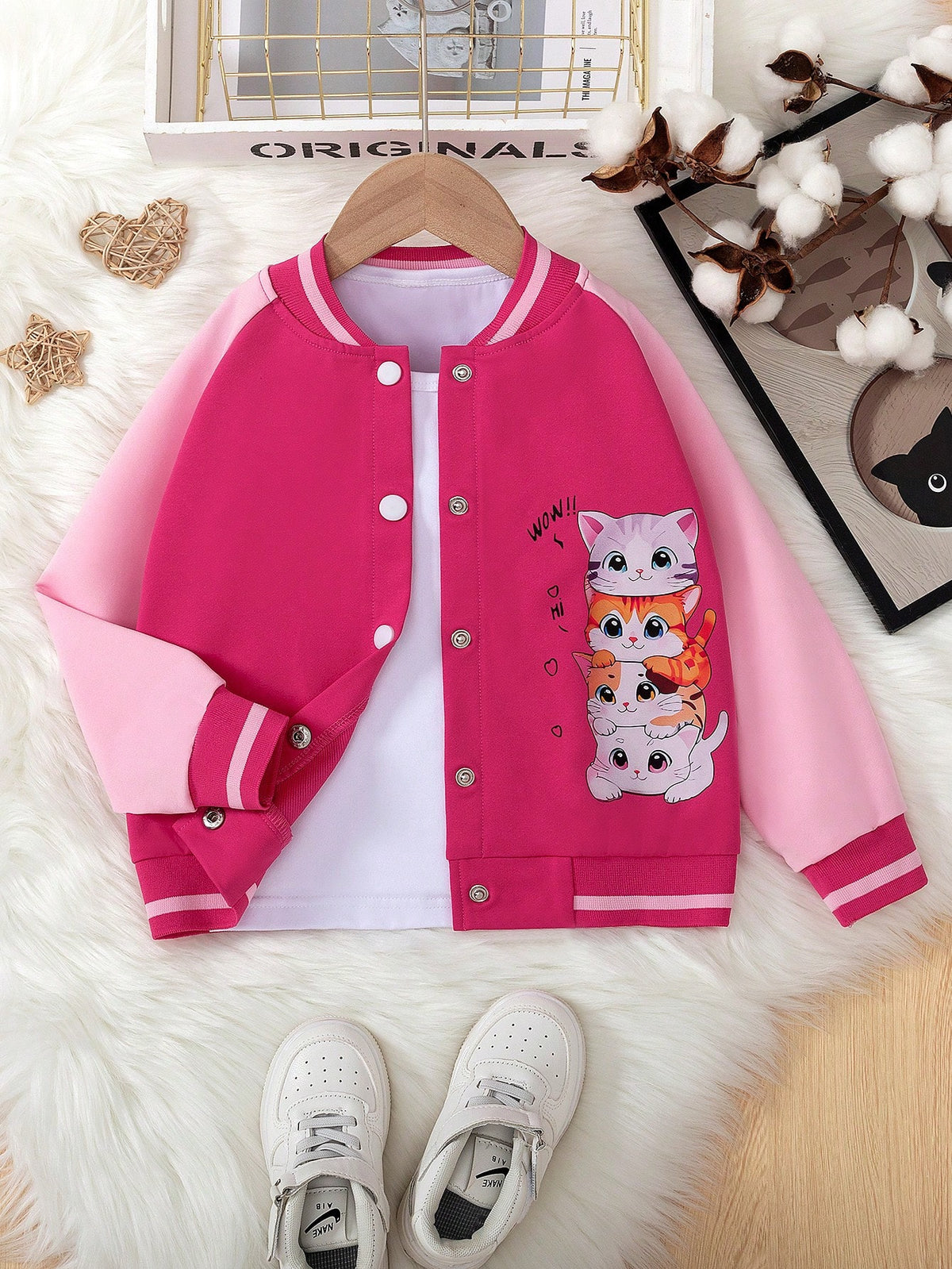 Elladie kids Young Girl Baseball Bomber Jacket Open Front Long Sleeve Cute Cartoon Cat Pattern Casual Sports Tops, Suitable For Holiday, Travel, Outing, Spring And Autumn