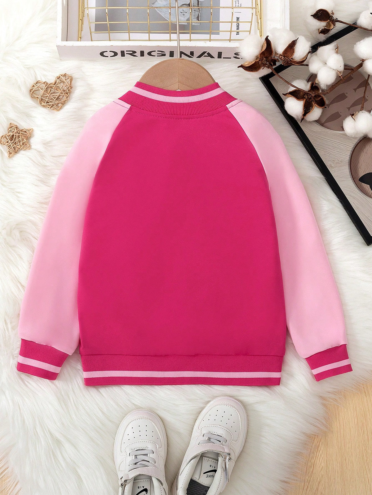 Elladie kids Young Girl Baseball Bomber Jacket Open Front Long Sleeve Cute Cartoon Cat Pattern Casual Sports Tops, Suitable For Holiday, Travel, Outing, Spring And Autumn