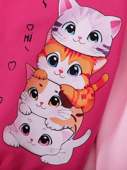 Elladie kids Young Girl Baseball Bomber Jacket Open Front Long Sleeve Cute Cartoon Cat Pattern Casual Sports Tops, Suitable For Holiday, Travel, Outing, Spring And Autumn