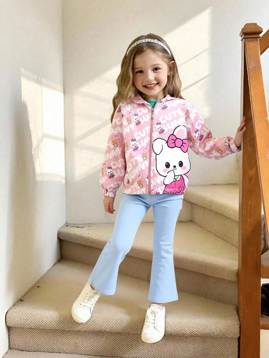 Elladie kids Young Girls' Cute Cartoon Printed Pink Hooded Casual Jacket, Suitable For School, Travel, Home, Spring And Autumn Seasons, Kawaii Jacket, Girls Jacket, Cute Jacket For Girls, Bunny Jacket