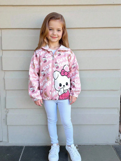 Elladie kids Young Girls' Cute Cartoon Printed Pink Hooded Casual Jacket, Suitable For School, Travel, Home, Spring And Autumn Seasons, Kawaii Jacket, Girls Jacket, Cute Jacket For Girls, Bunny Jacket