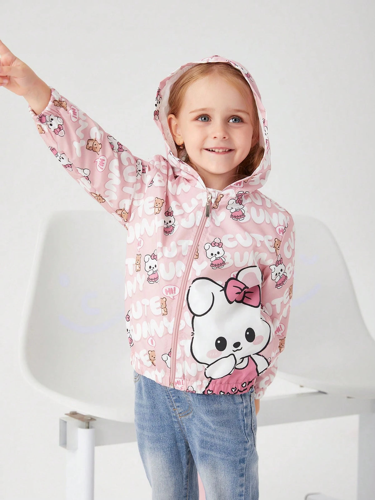 Elladie kids Young Girls' Cute Cartoon Printed Pink Hooded Casual Jacket, Suitable For School, Travel, Home, Spring And Autumn Seasons, Kawaii Jacket, Girls Jacket, Cute Jacket For Girls, Bunny Jacket