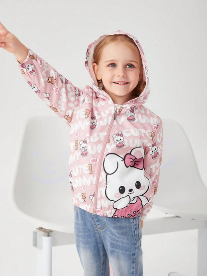 Elladie kids Young Girls' Cute Cartoon Printed Pink Hooded Casual Jacket, Suitable For School, Travel, Home, Spring And Autumn Seasons, Kawaii Jacket, Girls Jacket, Cute Jacket For Girls, Bunny Jacket