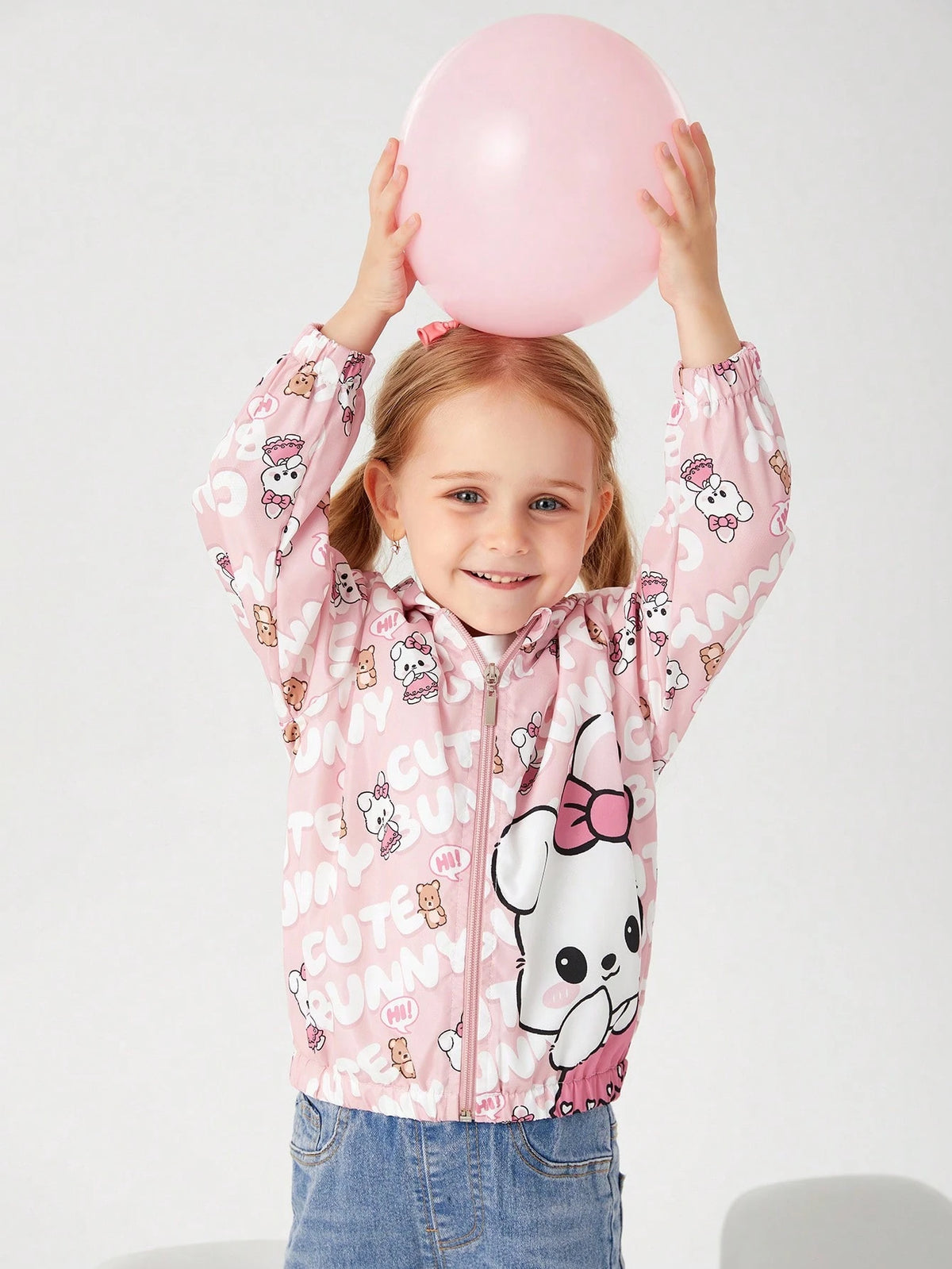 Elladie kids Young Girls' Cute Cartoon Printed Pink Hooded Casual Jacket, Suitable For School, Travel, Home, Spring And Autumn Seasons, Kawaii Jacket, Girls Jacket, Cute Jacket For Girls, Bunny Jacket