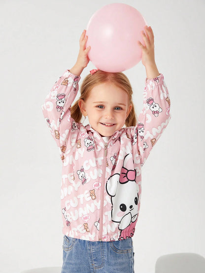 Elladie kids Young Girls' Cute Cartoon Printed Pink Hooded Casual Jacket, Suitable For School, Travel, Home, Spring And Autumn Seasons, Kawaii Jacket, Girls Jacket, Cute Jacket For Girls, Bunny Jacket